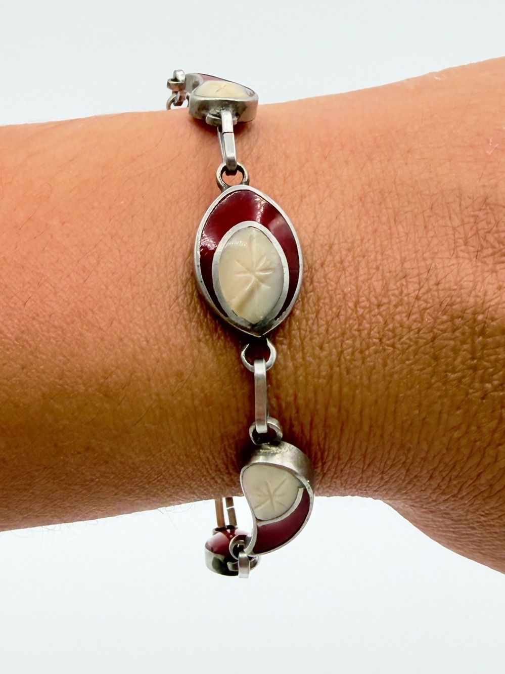 Vintage Red Enamel & Carved Lucite Silver Tone Link Bracelet